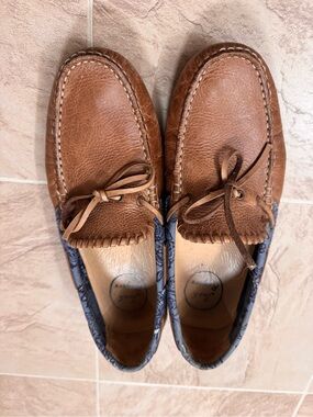 Jack Rogers Brown Leather Boat Moccasins with Blue Pattern Trim